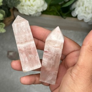 May include: Two pink selenite crystal points, one slightly larger than the other, with a smooth, polished finish. The crystals are held in a hand, showcasing their delicate, translucent nature.