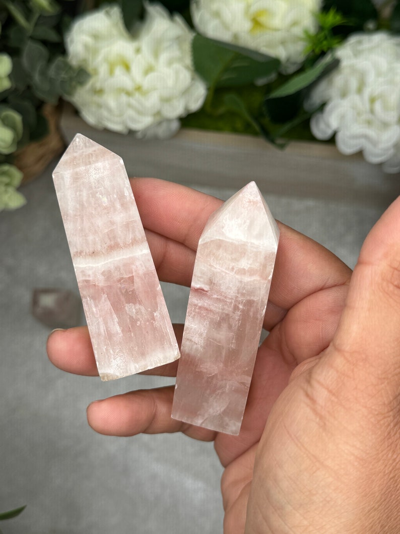 May include: Two pink selenite crystal points, one slightly larger than the other, with a smooth, polished finish. The crystals are held in a hand, showcasing their delicate, translucent nature.