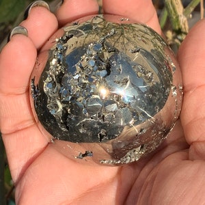 AAA Grade Peruvian PYRITE Sphere • Pyrite • Pyrite Sphere • Druzy Pyrite Sphere with FREE Wooden Sphere Stand