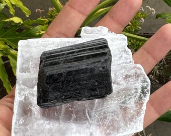 Tourmaline & Selenite • Crystal Combos • Black Tourmaline + White Selenite • Complimenting Crystals • Raw Satin Spar + Raw Black Tourmaline