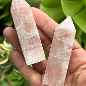 May include: Two white and pink crystal points, also known as selenite wands, are held in a hand. The wands are smooth and have a translucent appearance.