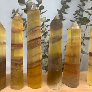 May include: Six yellow, brown, and green fluorite crystal points. The points are all about 4 inches tall and have a variety of striations and patterns.