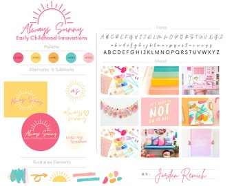 May include: A branding board for a business called "Always Sunny Early Childhood Innovations". The board includes a logo with a sun, a color palette, alternate logos, illustrative elements, fonts, and mood board images. The mood board images show a variety of colorful and playful items, including a desk with a pink surface, a colorful rug, and a sign that says "It's okay to not do it all."