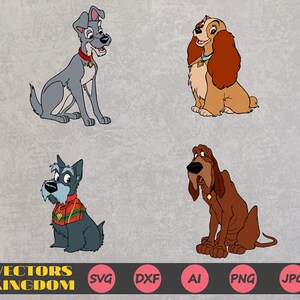 May include: Four cartoon dog illustrations. A gray dog with a red collar, a tan dog with long ears, a dark gray dog with a plaid scarf, and a brown dog with droopy features. The bottom of the image has the text "VECTORS KINGDOM".