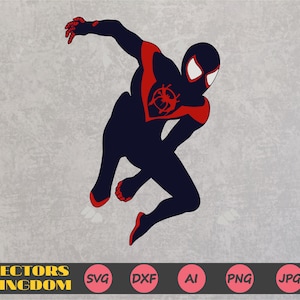 May include: A black and red silhouette of Spider-Man in a dynamic pose, with his arms outstretched and legs bent, as if he is leaping or swinging through the air.