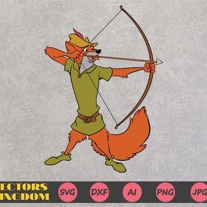 May include: A cartoon fox dressed as Robin Hood, wearing a green tunic, brown boots, and a brown hat with a feather, aiming a bow and arrow.