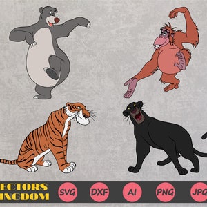 May include: Four cartoon animal characters from the Jungle Book: a gray bear, a red orangutan, a black panther, and an orange tiger. The animals are all in different poses, and they are all looking at the viewer.