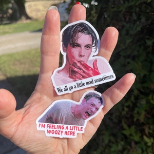 May include: Two stickers featuring images of a man from the movie American Psycho. The top sticker shows the man with blood on his hand and the text "We all go a little mad sometimes". The bottom sticker shows the man with blood on his face and the text "I'm feeling a little woozy here".