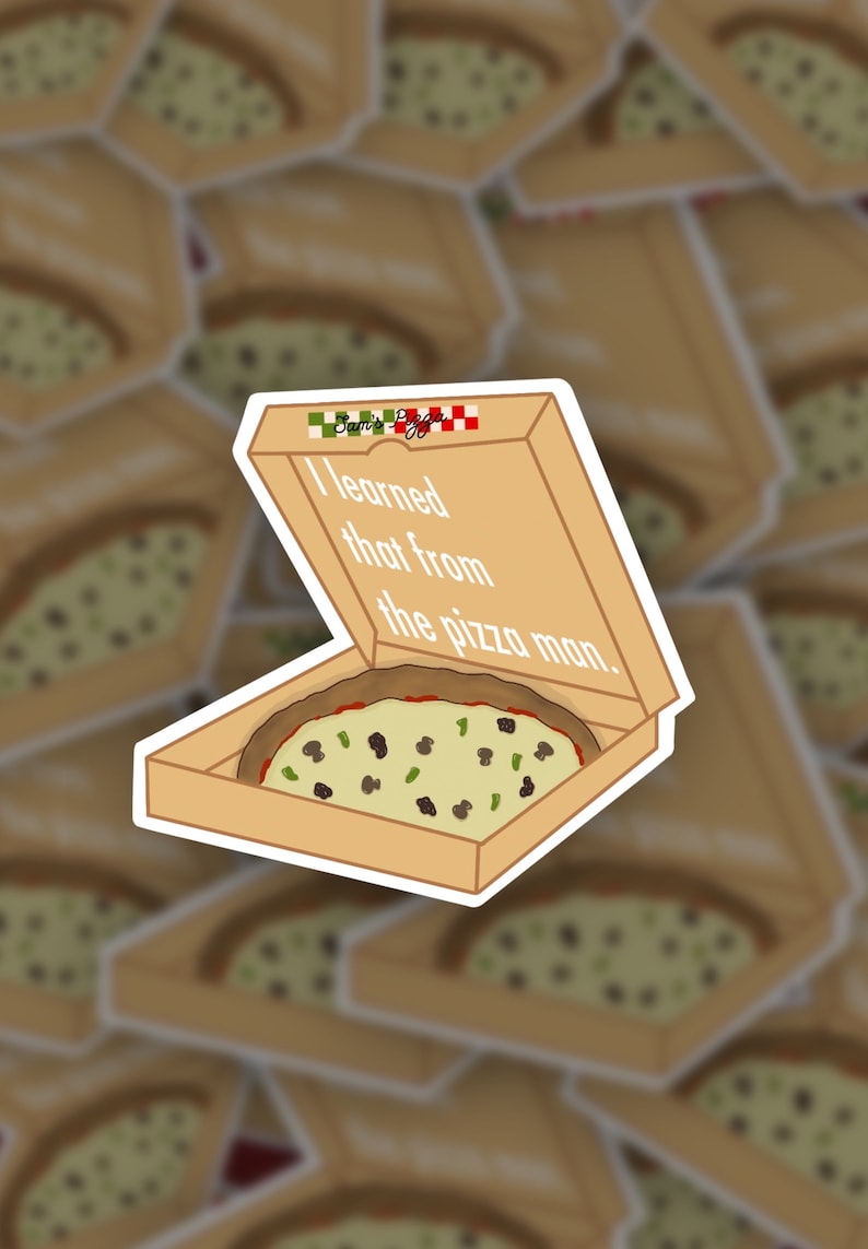 Puede incluir: Una pegatina de una caja de pizza con una rebanada de pizza dentro. La caja est&aacute; abierta y el texto "Eso lo aprend&iacute; del pizzero." est&aacute; impreso en el interior de la caja.
