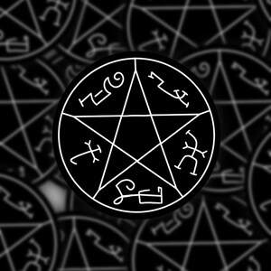 May include: Black and white circular sticker featuring a white pentagram with symbols inside a circle. The background shows a blurred pattern of similar designs. The sticker has a gothic or occult theme.