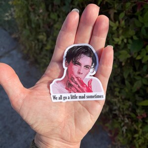 May include: A sticker featuring a portrait of a man with dark hair and a white shirt. His hands are covered in red paint. The sticker has the text "We all go a little mad sometimes" printed below the portrait.