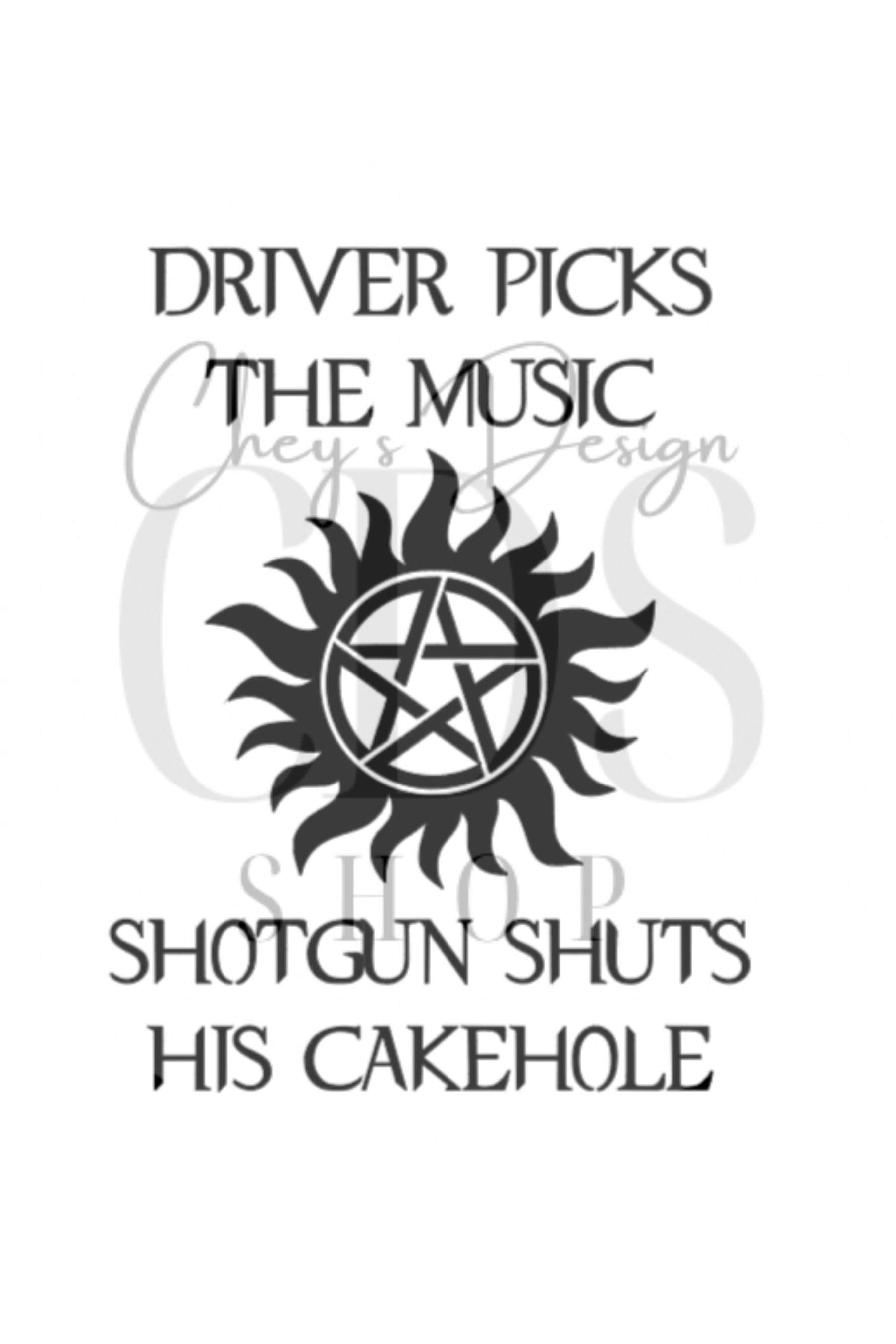 'Driver Picks Music Shotgun Shuts Their Cake Hole' License Plate Frame - Black, Stainless Steel, Supernatural Fan Gift - View #5