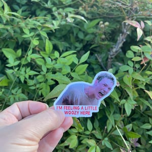 May include: A sticker featuring a man from a movie with a distressed expression, with the text "I'm feeling a little woozy here" in red.