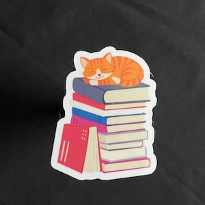 Orange Cat Sleeping On a Book Stack, Vinyl Stickers for Readers, Cute Stickers
