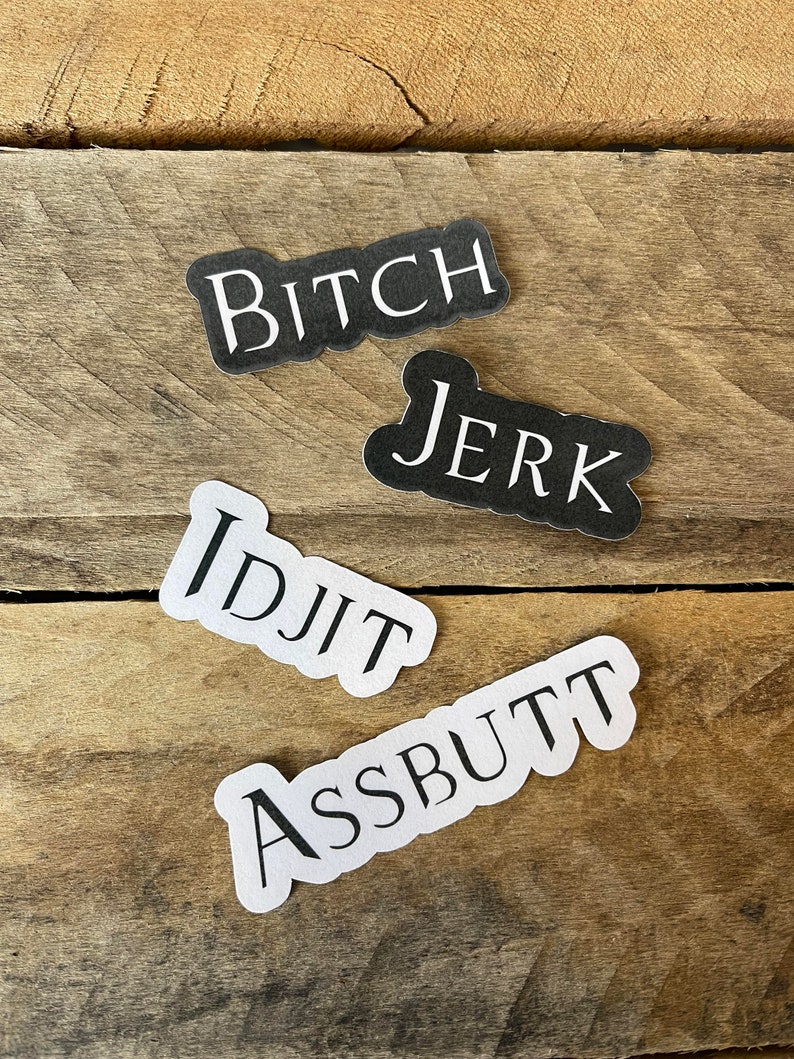 Supernatural Stickers, 4 pk, Idjit, Assbutt, Jerk, Bitch, Vinyl Stickers, Water Resistant image 1