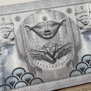 Close-up of the Egyptian Goddess Hathor desk mat, showcasing intricate details and vibrant colors. This anti-slip mat is ideal for spiritual practices like tarot readings, altar displays, or as a functional desk accessory for large workspaces.