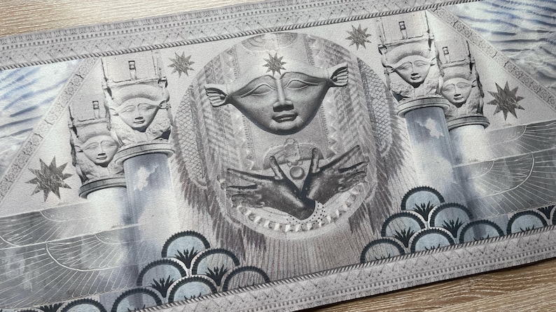 Close-up of the Egyptian Goddess Hathor desk mat, showcasing intricate details and vibrant colors. This anti-slip mat is ideal for spiritual practices like tarot readings, altar displays, or as a functional desk accessory for large workspaces.