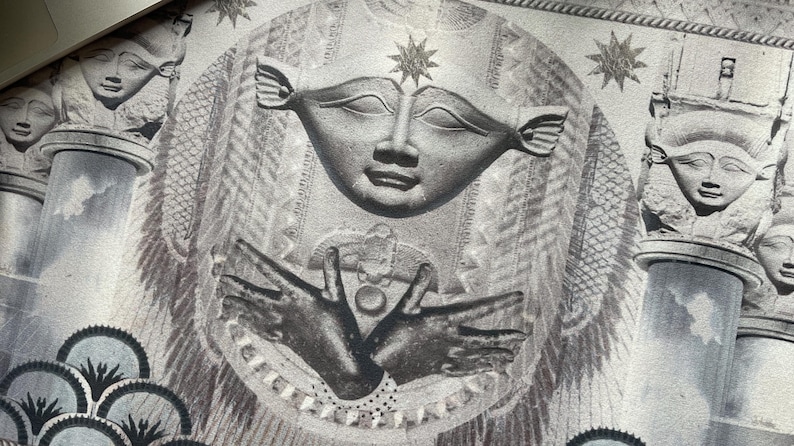 Egyptian Goddess Hathor desk mat beautifully packaged, ready to transform your sacred space. Unbox this unique, handcrafted mat featuring vibrant artwork by Yana Saint Levie, perfect for tarot readings, altar decor, or as a spiritual desk accessory.