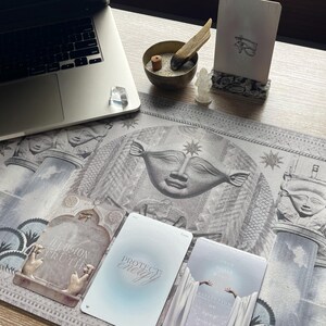 Large Egyptian Goddess Hathor desk mat used as a mouse pad on a modern desk setup. This functional and decorative mat combines spiritual symbolism with practicality, perfect for work or creative spaces.