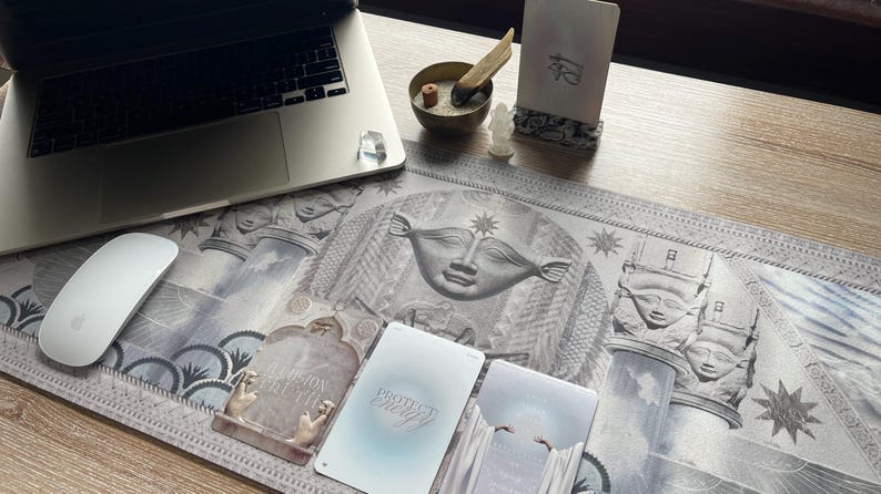 Large Egyptian Goddess Hathor desk mat used as a mouse pad on a modern desk setup. This functional and decorative mat combines spiritual symbolism with practicality, perfect for work or creative spaces.
