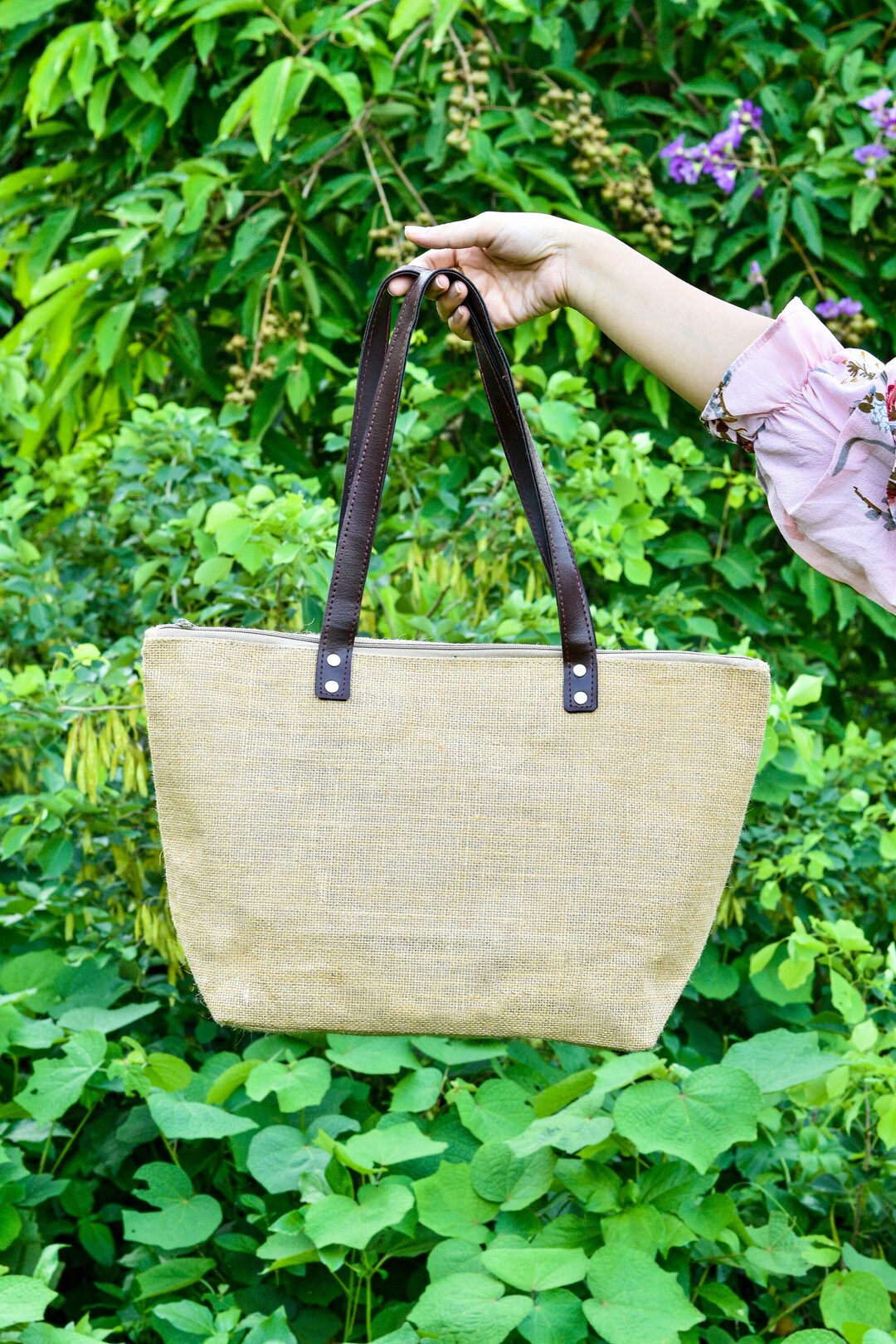 Jute Tote Bag With Leather Handles. Shopping Bag. Casual Summer Jute