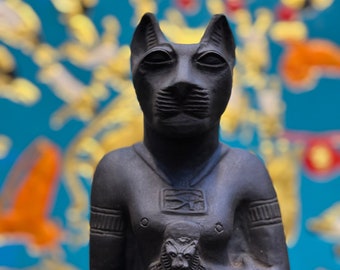 cat-vintage cat statue-Bastet Egyptian goddess of happiness/protection/music handcrafted/sculpture -Egyptian-antique Replica-mythology.