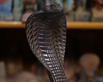 Handmade Black Uraeus Cobra Statue, Egyptian Serpent Goddess