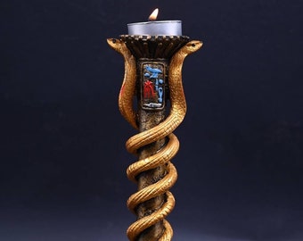 Egyptian cobra candle holder, The Cobra Goddess Altar candlestick, Pair snake candle holder.