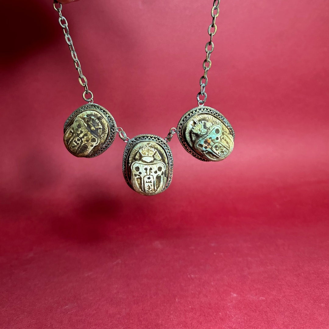 A Wonderful Egyptian Necklace Three Scarabs Carved From Natural Stone