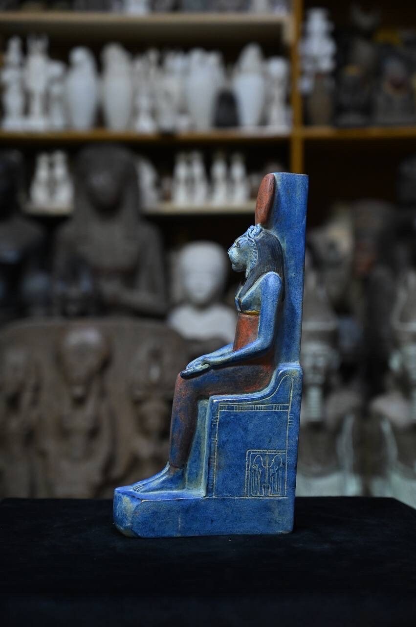Pretty Sekhmet Statue-sitting Blue Stone One-sculpture Egyptian Diety ...