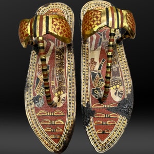 Tutankhamun sandal unique piece of the treasure of the golden king-leather/pintied/handcrafted-ancient Egyptian mythology made in Egy