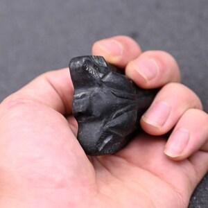 May include: A black carved stone sculpture of a wolf's head.
