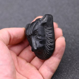 May include: A black carved stone sculpture of a lion's head. The sculpture is detailed and has a textured surface.