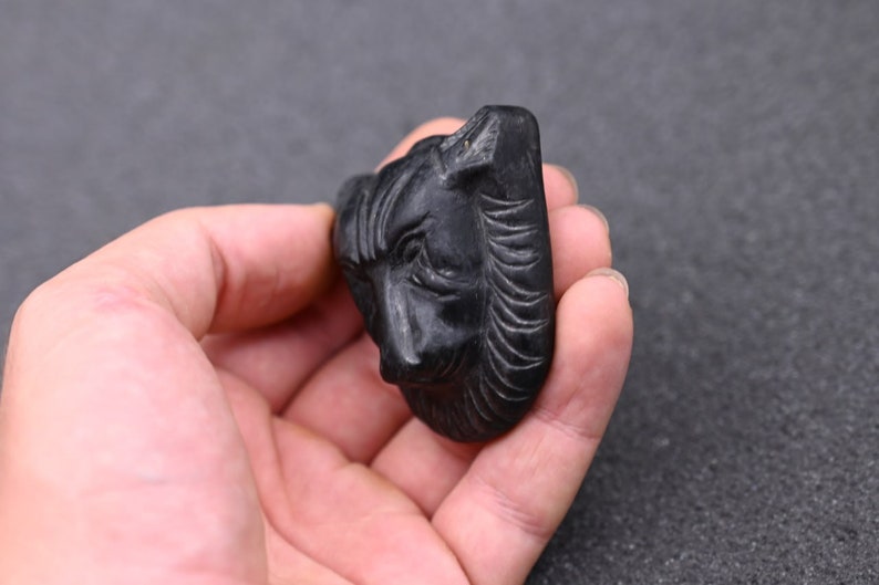 May include: A black carved stone sculpture of a lion's head. The sculpture is detailed and has a textured surface.