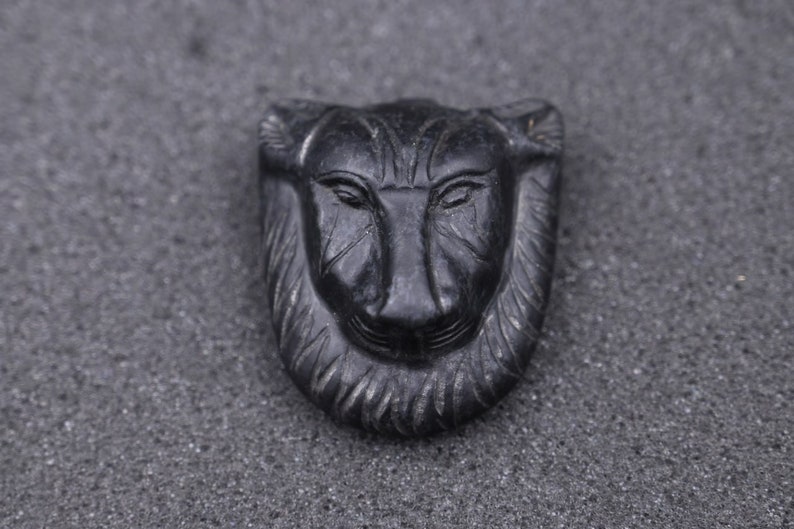 May include: A black carved stone pendant featuring a detailed lion's face with a mane.