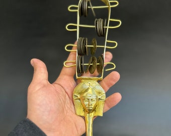 Beautiful Brass sistrum of Hathor-An important religious symbol-mythology Handmade Egyptian antiques-Black Land-old Egyptian instrument