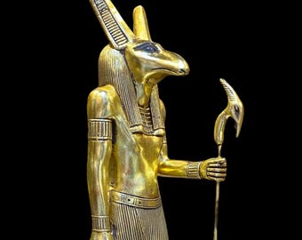 Handgjord gud Seth-staty, replika av egyptisk mytologi, basalt och guld
