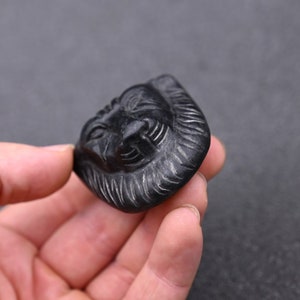 May include: A black carved stone pendant featuring a detailed lion's face with a mane.
