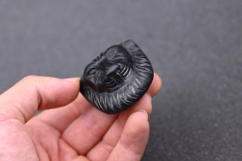 May include: A black carved stone pendant featuring a detailed lion's face with a mane.