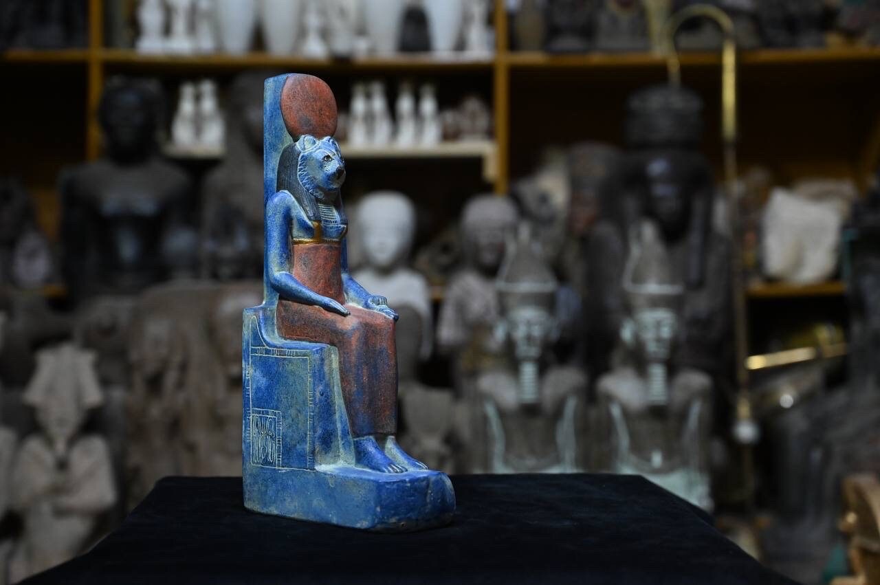 Pretty Sekhmet Statue-sitting Blue Stone One-sculpture Egyptian Diety ...