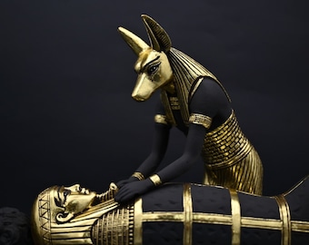 Anubis Statue – Egyptian God Sculpture, Stone & Gold Leaf