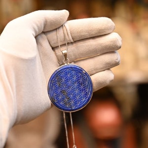 Lapis Lazuli Flower of Life Pendant: Hand-Carved Egyptian Silver Chain Amulet