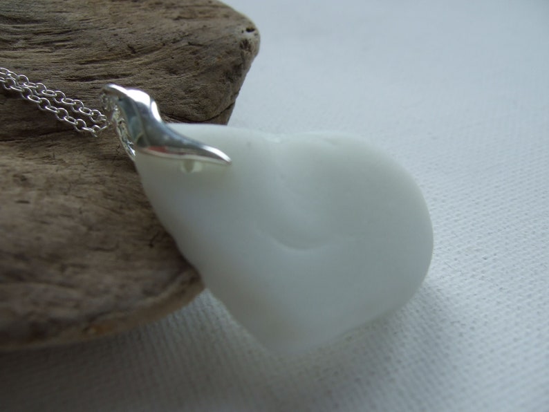 Beach Glass Pendant white milk glass White Scottish Milk Sea Glass Necklace sterling silver double sided wave design setting
