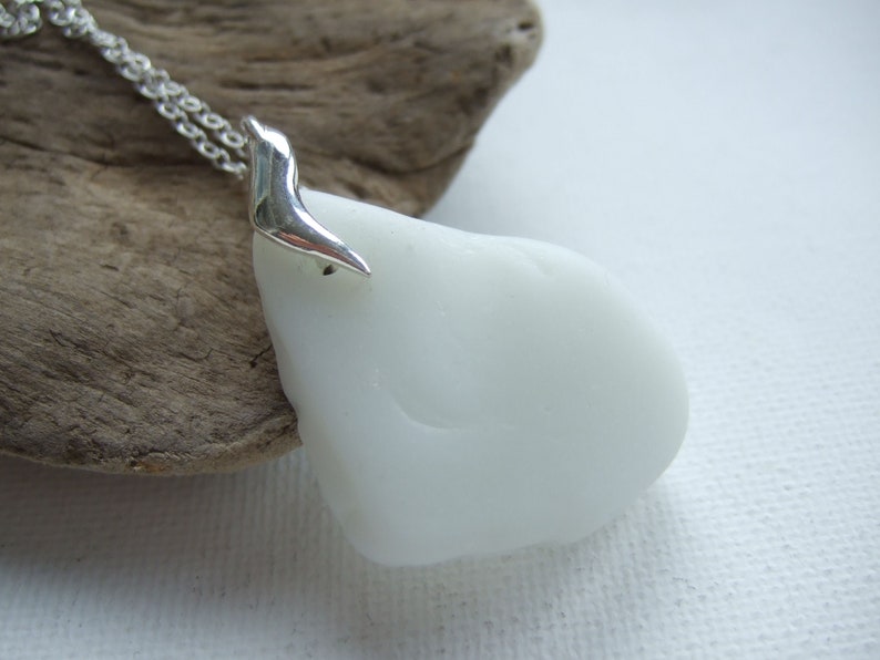 Beach Glass Pendant white milk glass White Scottish Milk Sea Glass Necklace sterling silver double sided wave design setting