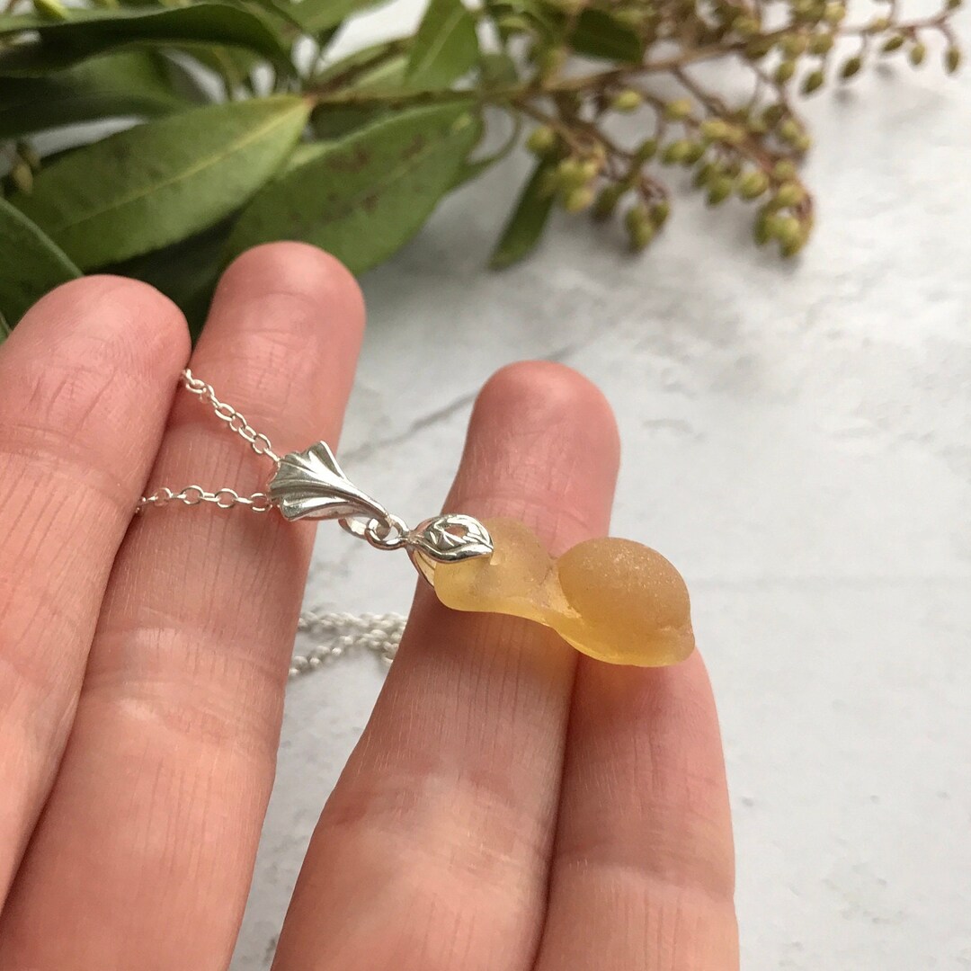 Rare Yellow Sea Glass, Scottish Beach Found Round Glass on Sterling Silver Setting, Pendant With