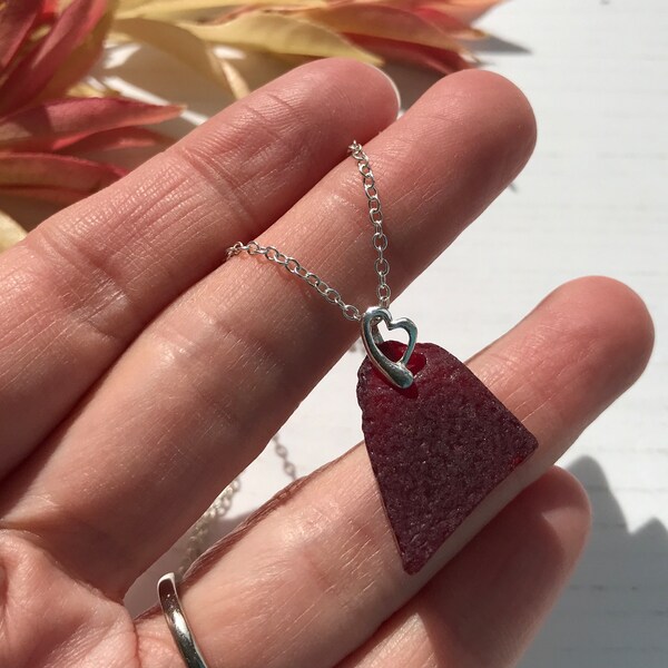 Scottish Red Sea Glass Pendant, Beach Found Red Textured Necklace , Sterling Silver Heart Setting