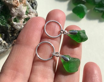 Scottish Emerald Green Sea Glass Circle Studs Earrings, Chunky Bright Green Beach Glass Dangling Stud Earring , Rugged Jewellery