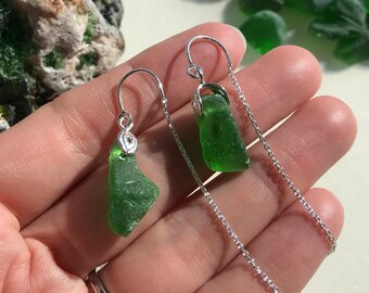 Scottish Emerald Green Sea Glass Pull Through Earrings, Chunky Bright Green Beach Glass Dangling Threaders , Rugged Jewellery