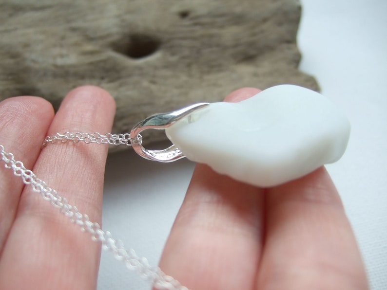 Beach Glass Pendant white milk glass White Scottish Milk Sea Glass Necklace sterling silver double sided wave design setting