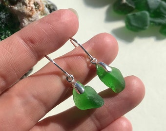 Scottish Emerald Green Sea Glass Earrings, Chunky Bright Green Beach Glass Dangling Earring , Rugged Jewellery